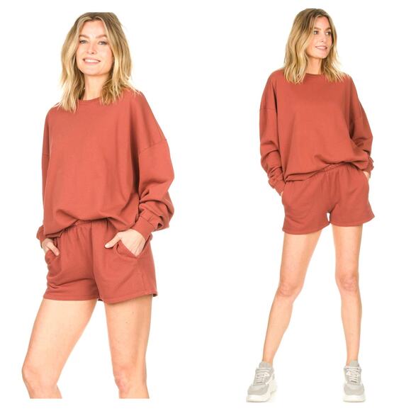 MIKOH Sweatshirt Short Set Size Large Rust Brown Cotton Cord Set Loungewear - Picture 1 of 13